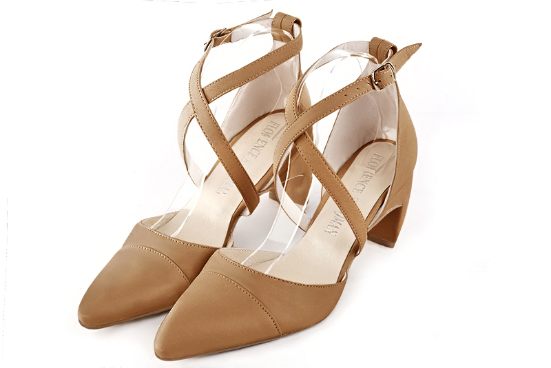 Camel beige women's open side shoes, with crossed straps. Tapered toe. Medium comma heels. Front view - Florence KOOIJMAN